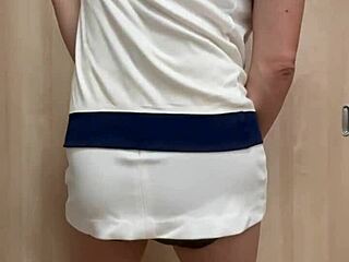 Do you want to watch this tennis club girl in skort and bloomers teasing her anal with buttplug?