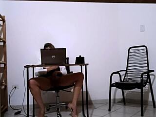 Secretary MASTURBATES alone then FUCKS client at reception