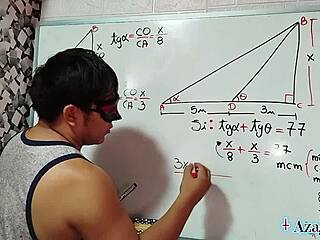 Intense triangle of pleasure for asian student and teacher in bedroom