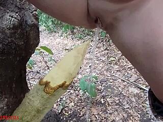 The perverted slut squirts in the forest