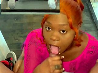 Ebony sucks big black cock on stairs