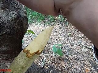 The perverted slut squirts in the forest