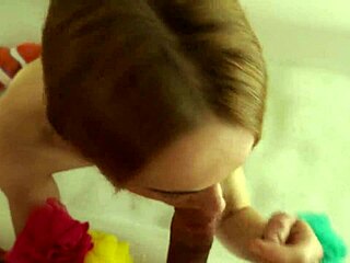 The beautiful milf invited me to the bathroom, grabbed my monster cock, and started sucking it