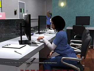 Bold nurse in glasses fingers slut's ass in public hospital outdoor scene.