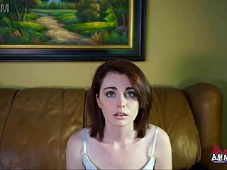 Cute redhead coed ravyn rubs her perky small 18+ tits and wet pussy with a dildo in pov masturbation