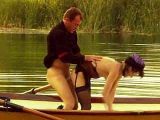 a beautiful girl with small tits rode a strong man on a boat