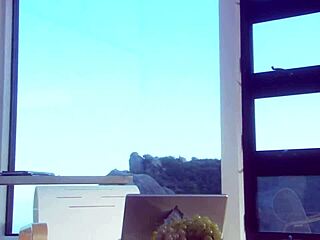 a beautiful girl with small tits rode a strong man on a boat