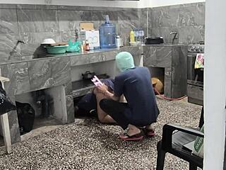 Stepsister stuck in kitchen, helped and filmed brown buttocks