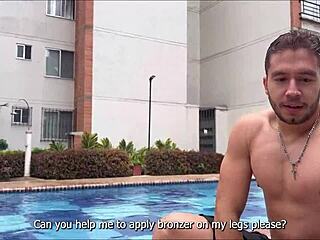 Petite teen 18+ seduces stepbrother at the swimming pool and invites him to her house to fuck him in her parents living room naty delgado