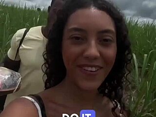Busty brunette latina rides cock in nature with risky public sex
