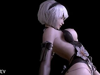 Eve Yorha 2B cosplay rides big cock with big tits bouncing.
