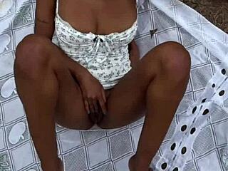 Busty brunette latina rides cock in nature with risky public sex