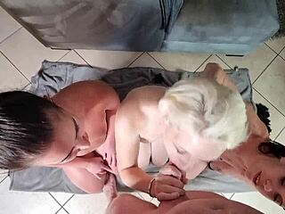 Two Brunettes Teach Blonde Slut Deepthroat Skills With Gagging And Spit In Wild Group Blowjob