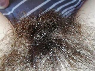 Hairy pussy with big clit and lips up close, all wet and grooly.