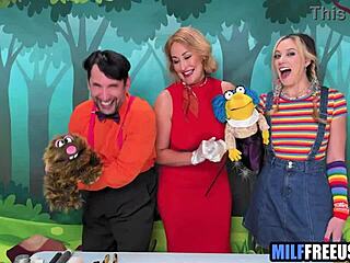 Blonde milf and teen get wildly face fucked and used in ffm threesome on Sesame Street set!