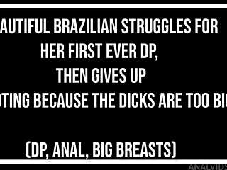 Super Cute Brazilian Tries Double Penetration But Quits From Massive Cocks In Anal Struggle