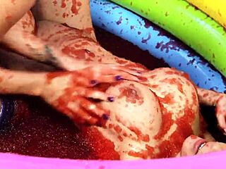 I watch Romana Ryder and Tammie Lee dive into a wild lesbian jelly fight. They finger and lick pussy in intense 1on1 food play.