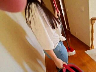 Latina maid with creamy pussy in jeans and flip flops gets seduced by massage!