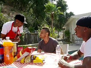 Hey, can this black milf handle double penetration from two guys in fishnets and heels during a threesome?