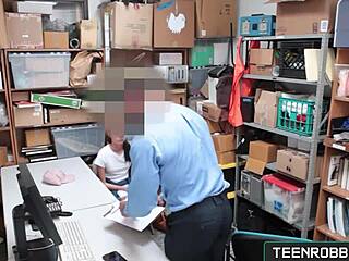 Whoa this shaved teen 18+ shoplifter gets punished with rough doggystyle by the creepy garage guard 😈.