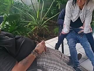 cuckold friend fucks my brunette wife outdoors while i jerk off and cum on them. she rides cowgirl to creampie.