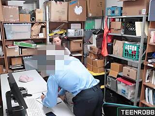 Whoa this shaved teen 18+ shoplifter gets punished with rough doggystyle by the creepy garage guard 😈.