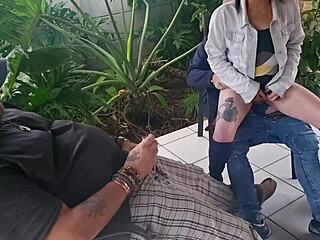 cuckold friend fucks my brunette wife outdoors while i jerk off and cum on them. she rides cowgirl to creampie.