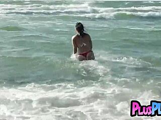 joelina poses on beach stripping lingerie to expose natural tits