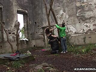 Descriptive girl Sayo Hayakawa stuffed with sex toys outdoors