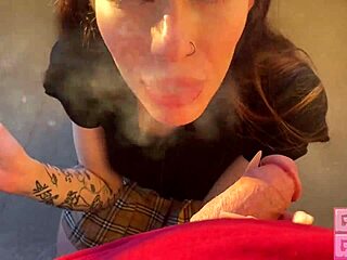 can this smoking bimbo babe handle fast blowjob and cumshot on public balcony with monster cock?