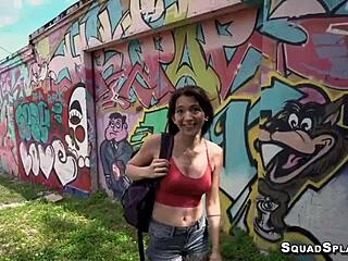 hairy slut riley jean hints at mounting a huge dick outdoors