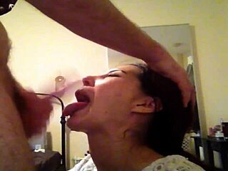 Gorgeous brunette Sabrina Sinclair gags on deepthroat blowjob and rough fucking