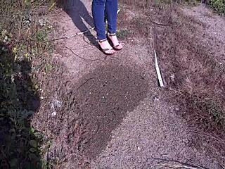 Amateur brunette milf spreads hairy pussy for powerful outdoor pissing stream in wet compilation