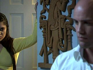 Bald guy enjoys time with small-chested brunette babe in vintage style