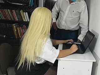 Hot secretary bends over in miniskirt for bareback doggystyle pounding!