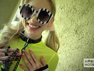 leashed whore chanel shortcake starts with deepthroat blowjob, then rides in doggystyle for facial cumshot in garage