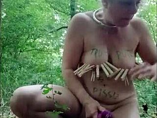 French housewife bound in forest as slave for maledom humiliation with vibrator