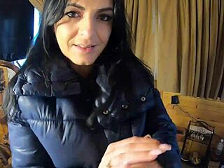 preview of deepthroat in camel toe leggings and down jacket with brunette milf sucking until cum.