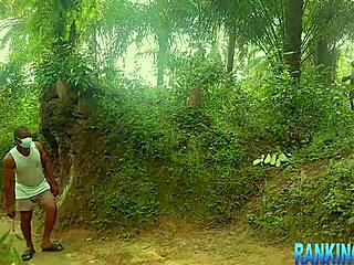 Sexy blonde girl with big tits rides big black cock doggystyle in forest for wet pussy orgasm