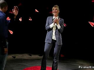 Blonde domme chokes and anal fucks bound black male slave with strapon