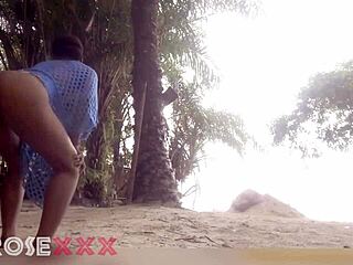 Black girl starts teasing on the beach before giving blowjob and getting cumshot in homemade session