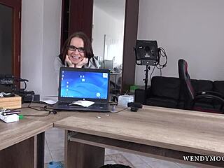 Czech babe DISTURBS office WORK with DEEPTHROAT blowjob. She RIDES big cock for PUSSY fuck and CUM finish.