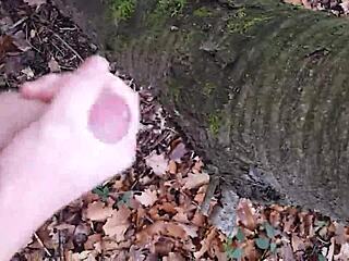 Forest masturbation session happens outdoors in nature with solo focus.