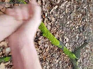 Forest masturbation session happens outdoors in nature with solo focus.