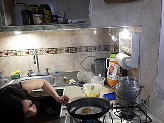 Hey, watch Estefani get naked while preparing those delicious pancakes in the kitchen.