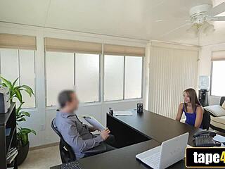 Adorable brunette teen bends over on office desk for hardcore doggystyle fucking to secure loan