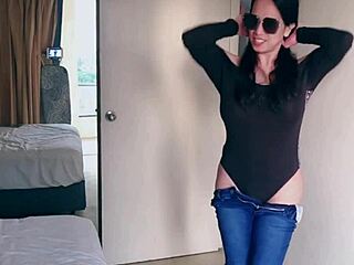 pretty asian ladyboy jeans striptease with big boobs