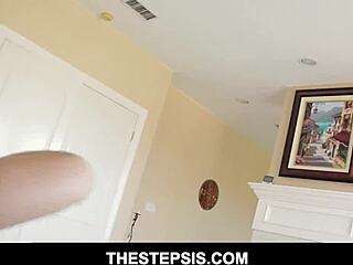 Blonde teen step sister gets fucked hard on bed in pov style by brother.