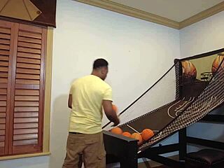 Curvy blonde BBW Stella Daneils bends over for big black cock pounding in gameroom.