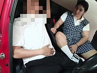 first part of colombian latina getting fucked after school in motel parking lot with blowjob cowgirl riding and orgasm until cum on face by alexachris20